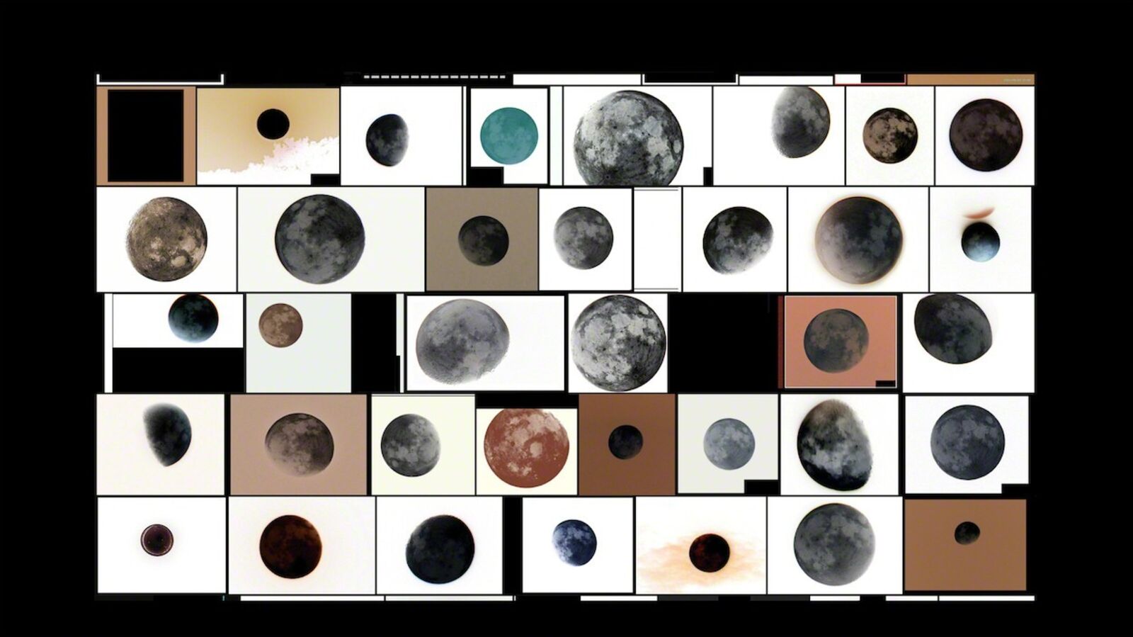 A grid of twelve framed artworks featuring a mosaic of celestial bodies and abstract shapes.