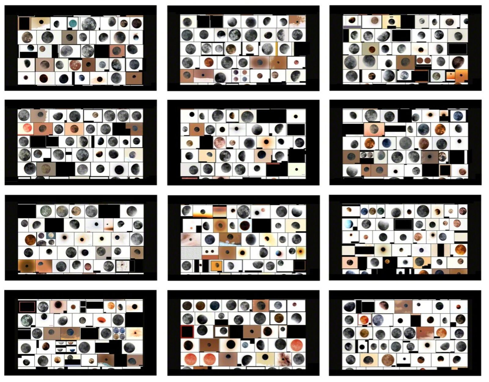 A grid of twelve framed artworks featuring a mosaic of celestial bodies and abstract shapes.