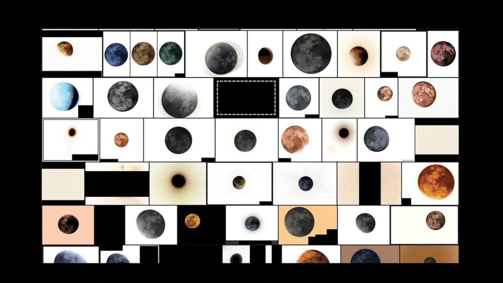 A grid of twelve framed artworks featuring a mosaic of celestial bodies and abstract shapes.