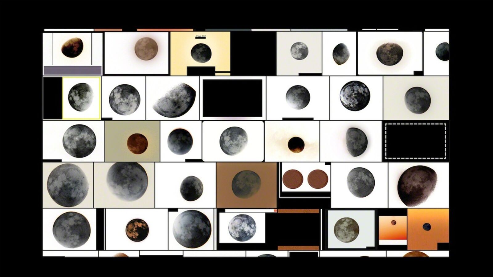 A grid of twelve framed artworks featuring a mosaic of celestial bodies and abstract shapes.