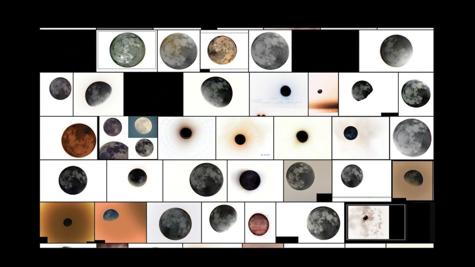 A grid of twelve framed artworks featuring a mosaic of celestial bodies and abstract shapes.