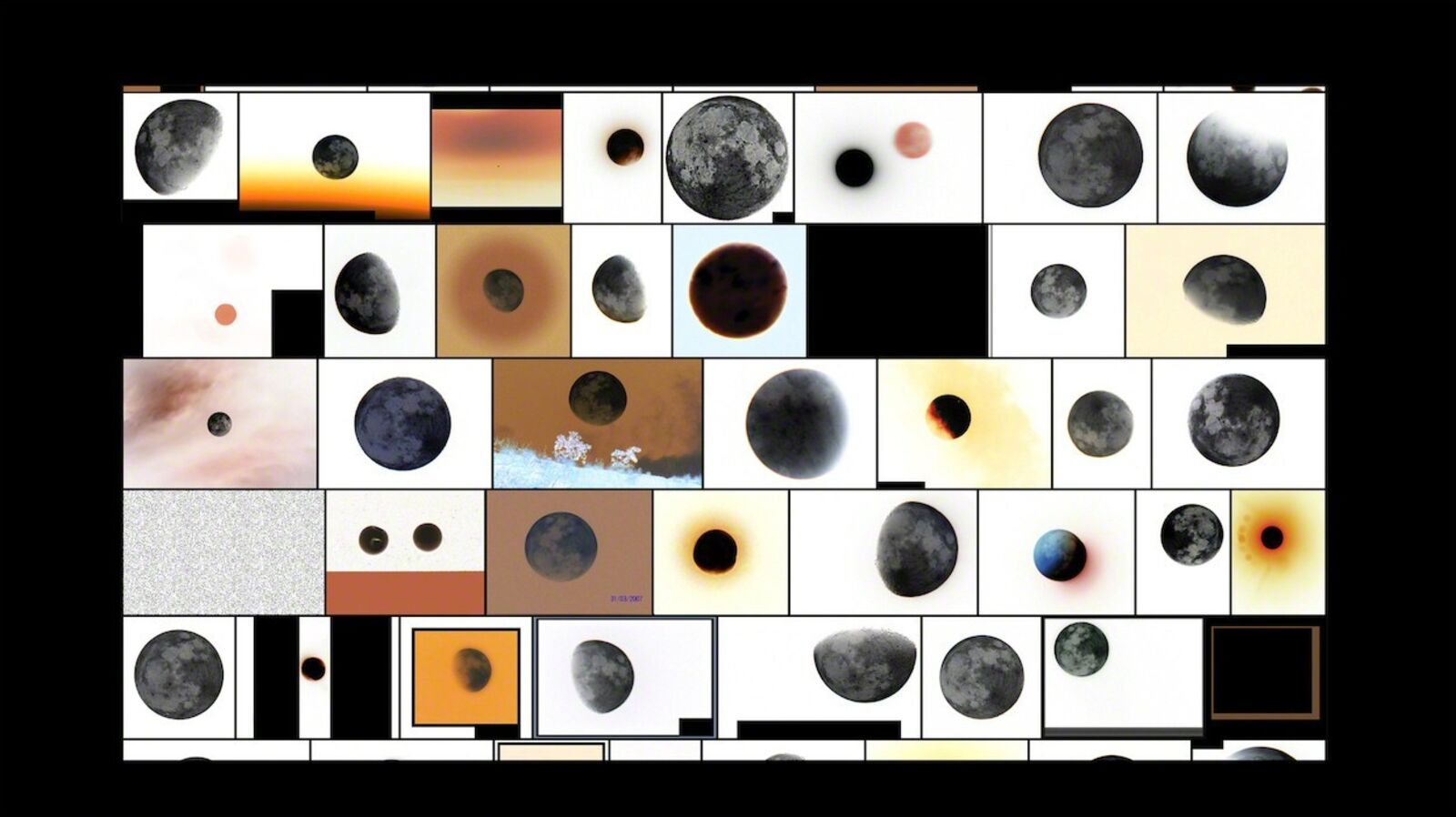 A grid of twelve framed artworks featuring a mosaic of celestial bodies and abstract shapes.
