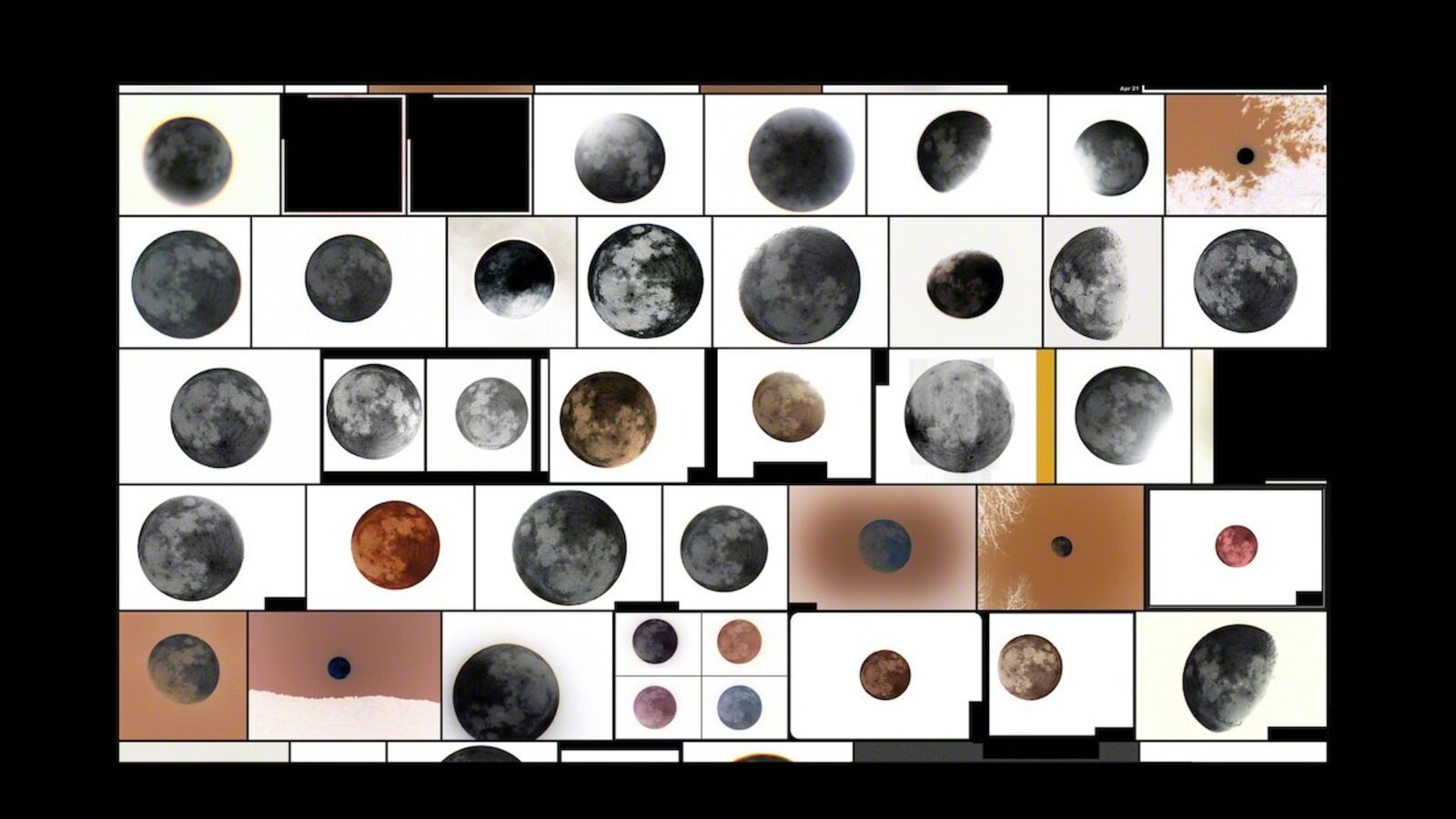 A grid of twelve framed artworks featuring a mosaic of celestial bodies and abstract shapes.