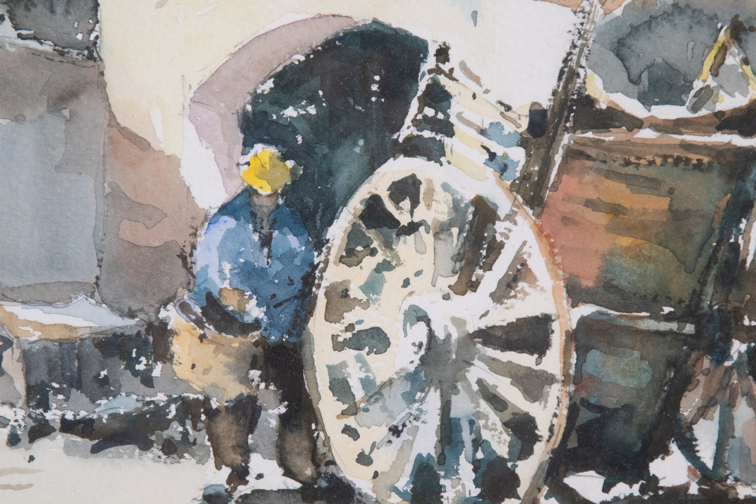 A watercolor painting of a horse drawn carriage on a street.