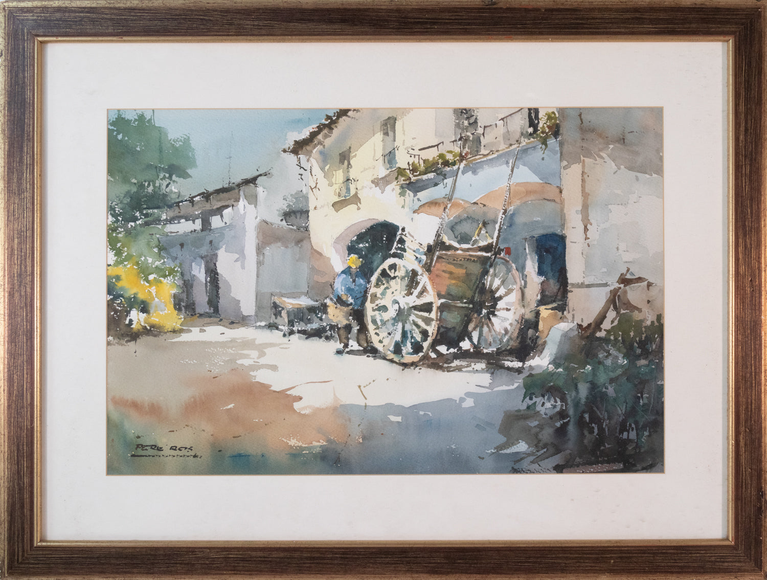 A watercolor painting of a horse drawn carriage on a street.