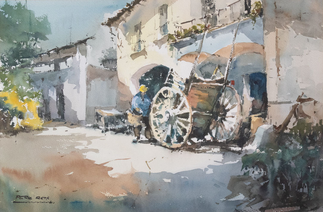 A watercolor painting of a horse drawn carriage on a street.