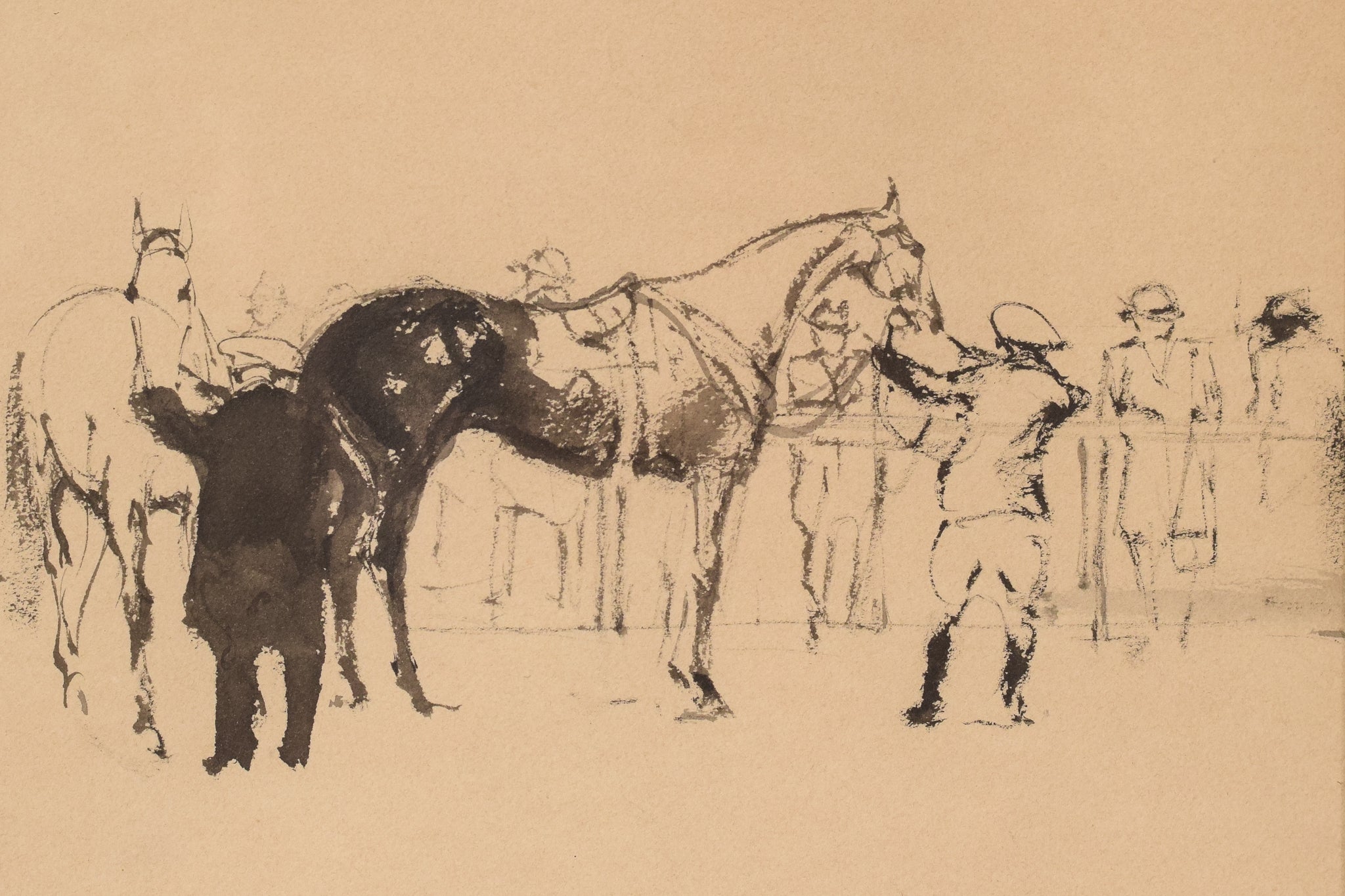 A drawing of a horse and jockey standing next to each other.