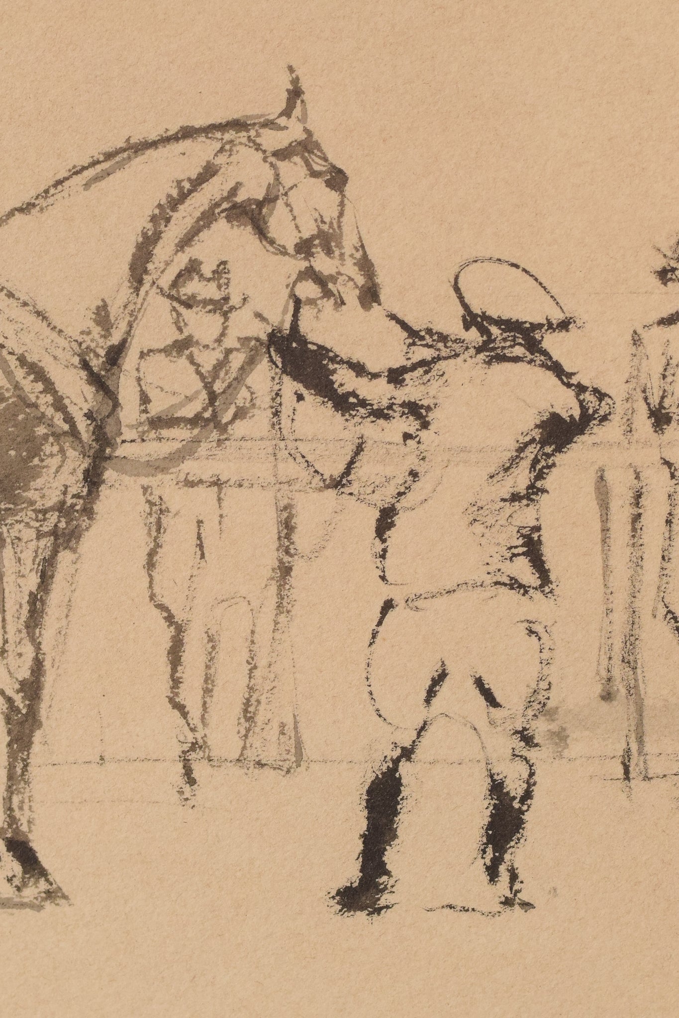 A drawing of a horse and jockey standing next to each other.
