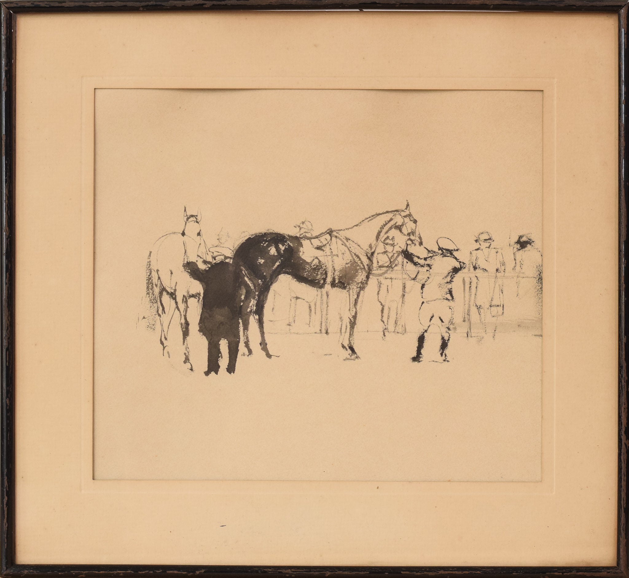 A drawing of a horse and jockey standing next to each other.