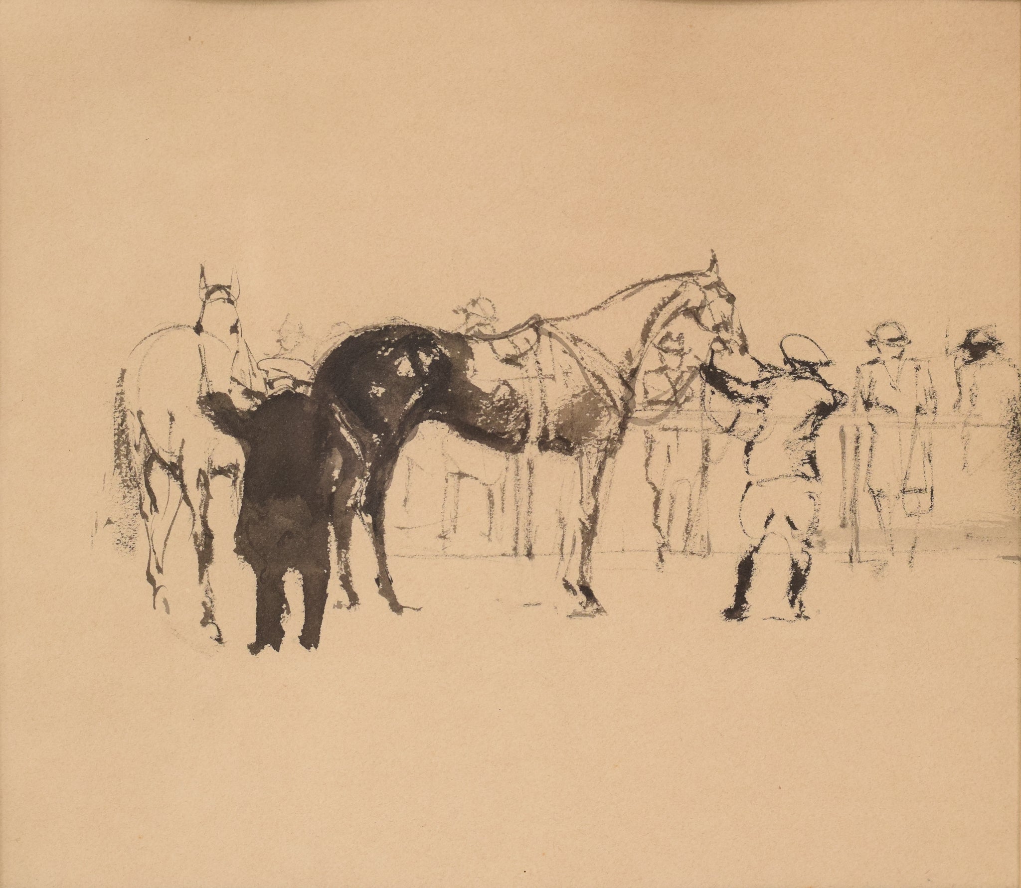 A drawing of a horse and jockey standing next to each other.