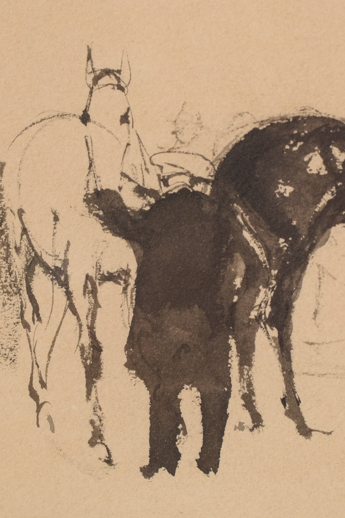 A drawing of a horse and jockey standing next to each other.