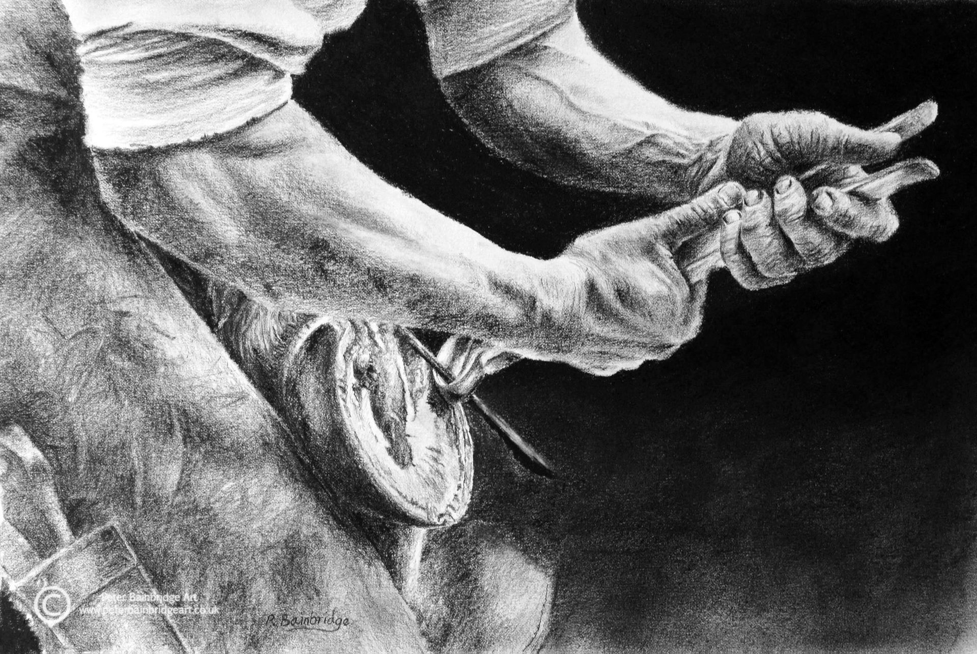 A hyper-realistic charcoal study of a figure's hands performing a delicate task on a hoof.