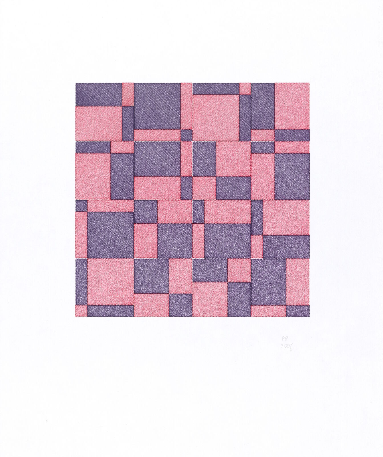 A pink and purple quilt on a white background.
