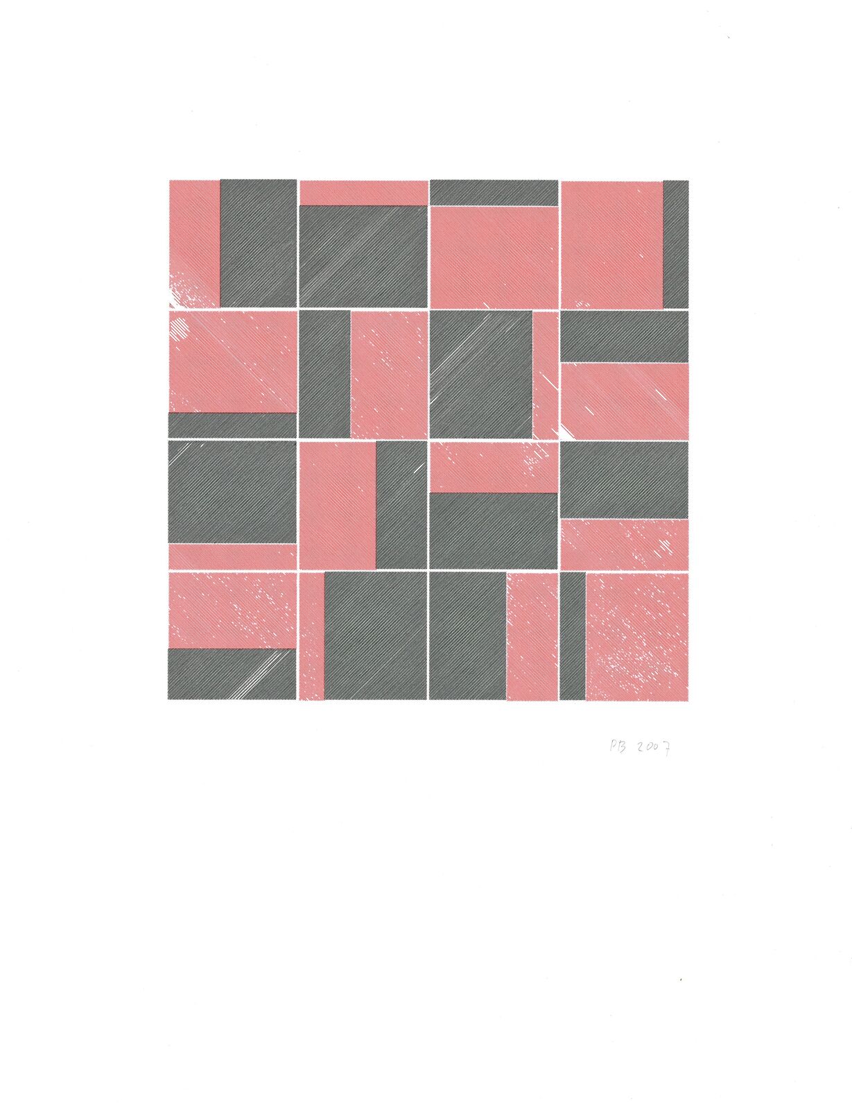 A pink and gray geometric pattern on a white background.