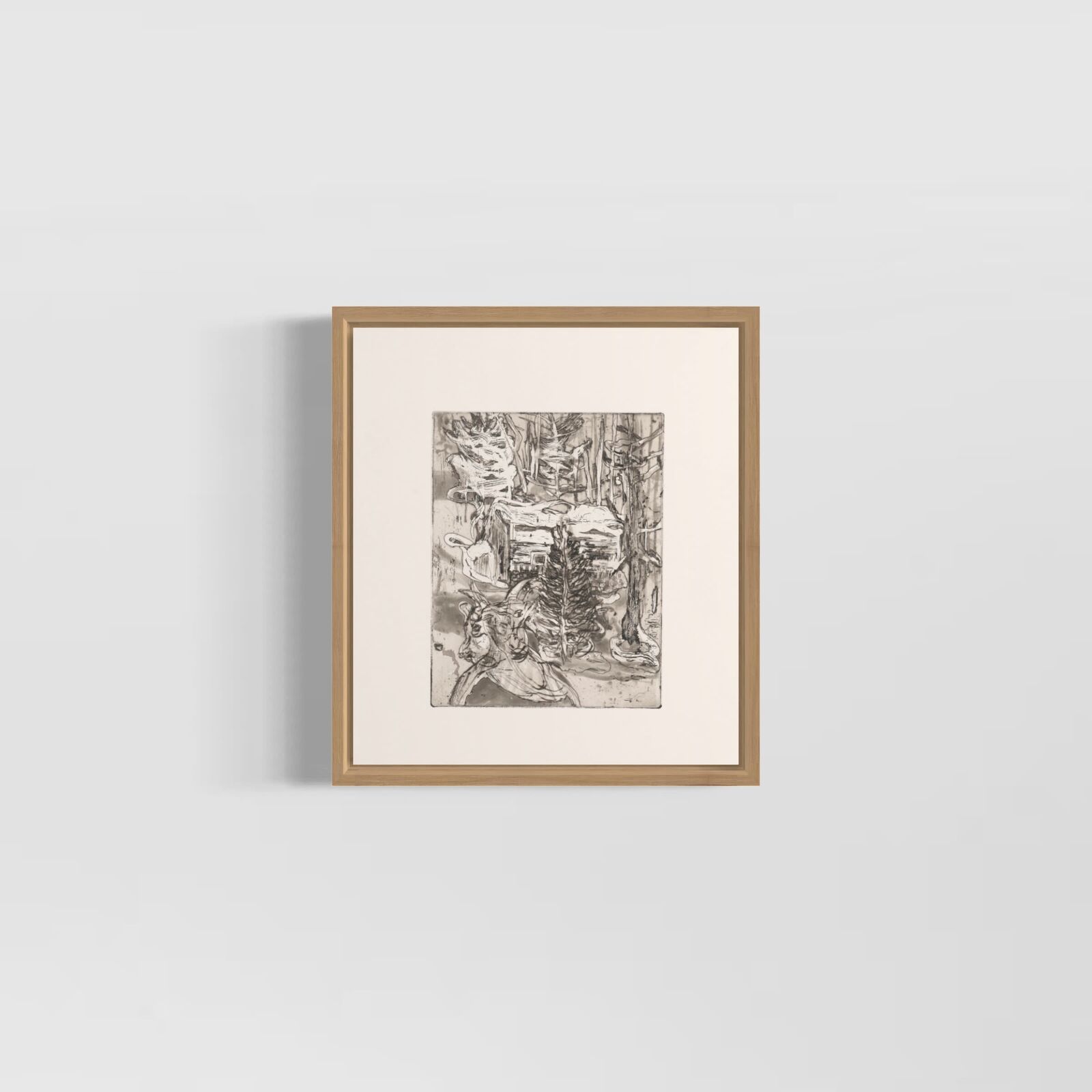 A black and white drawing of a group of people in a forest.