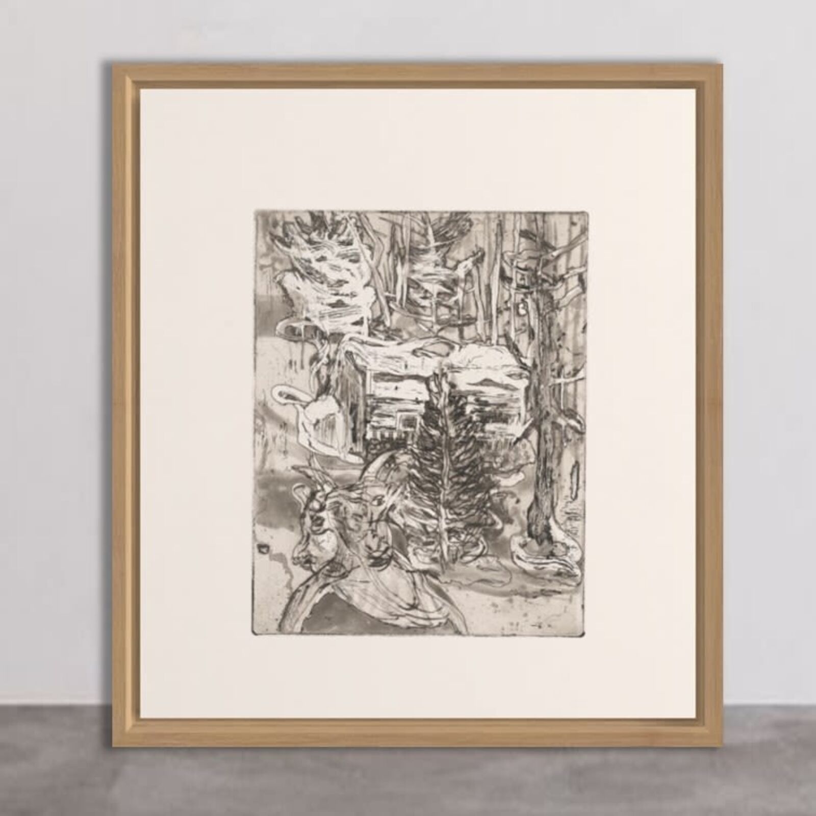 A black and white drawing of a group of people in a forest.