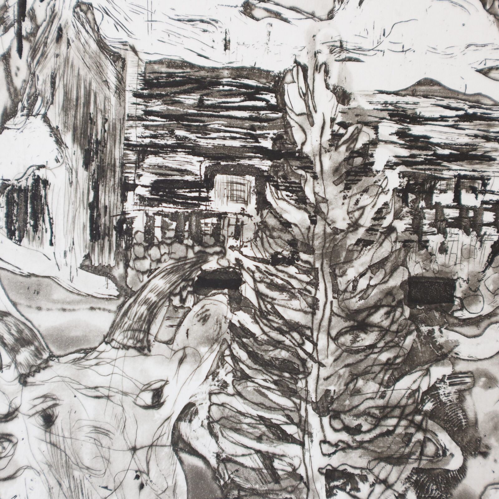 A black and white drawing of a group of people in a forest.