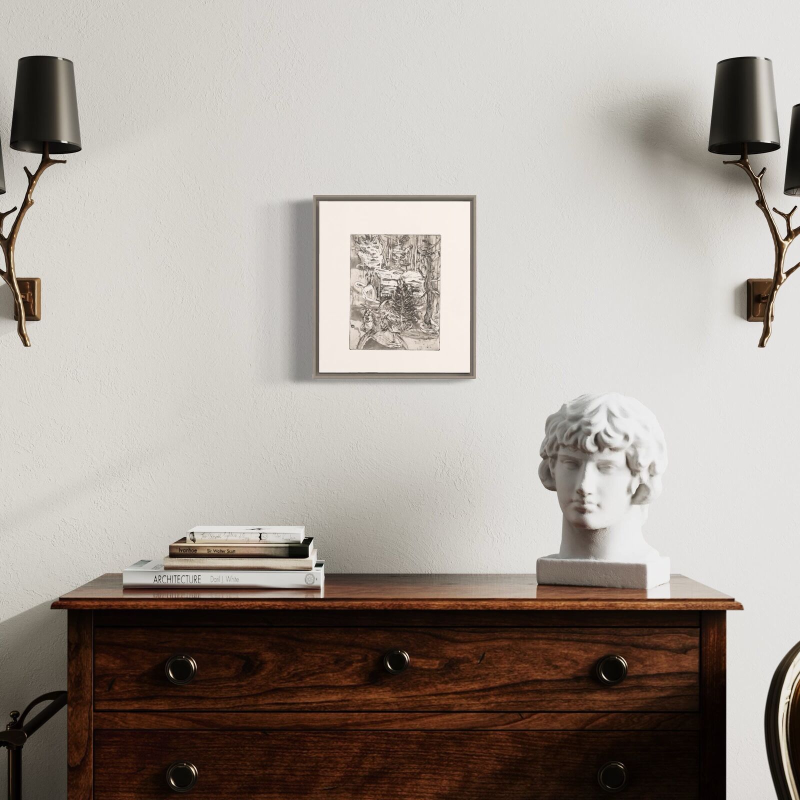 A black and white drawing of a group of people in a forest.