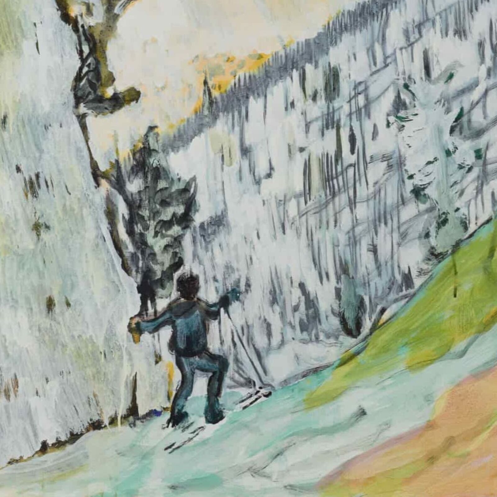 A painting of a person skiing down a snowy hill.