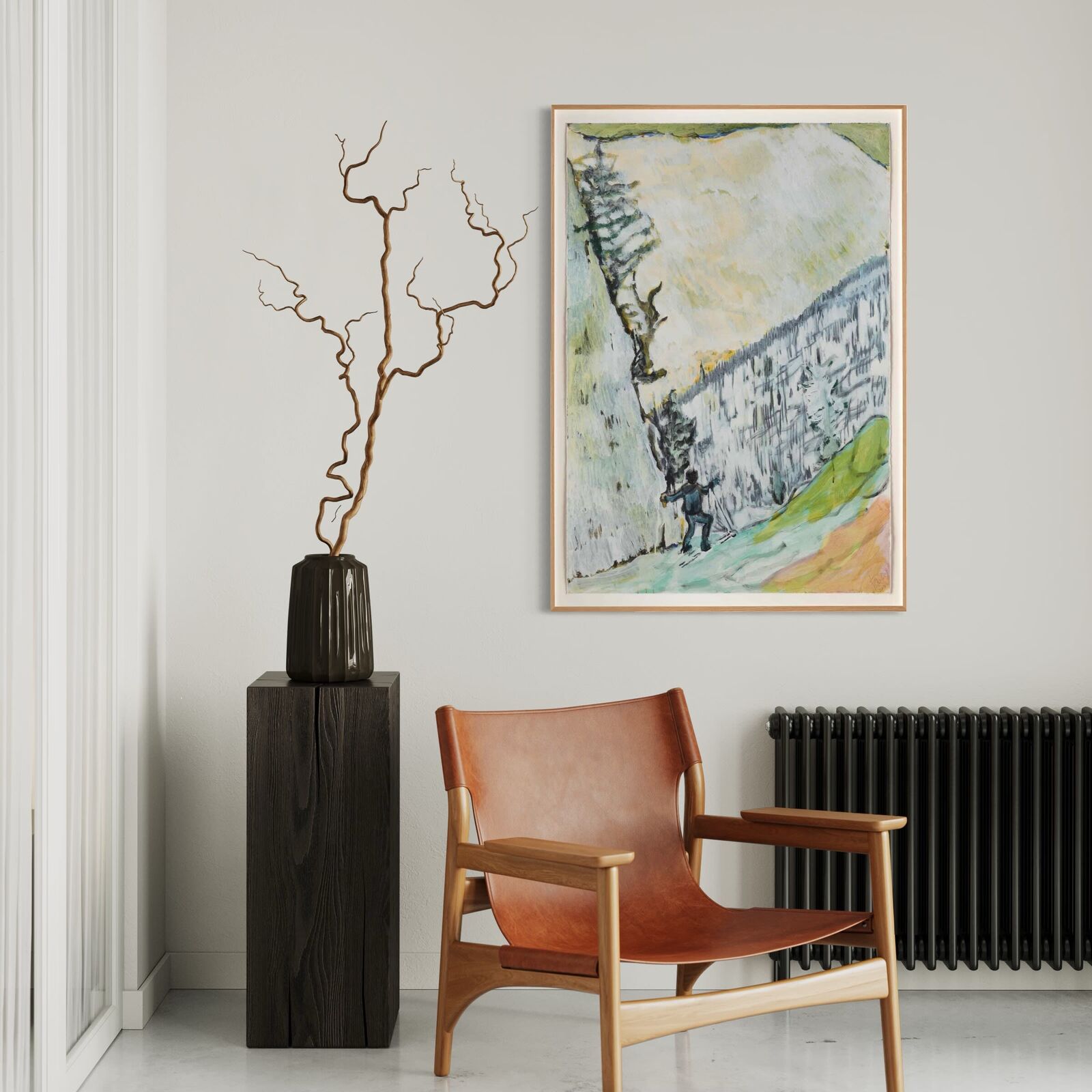 A painting of a person skiing down a snowy hill.