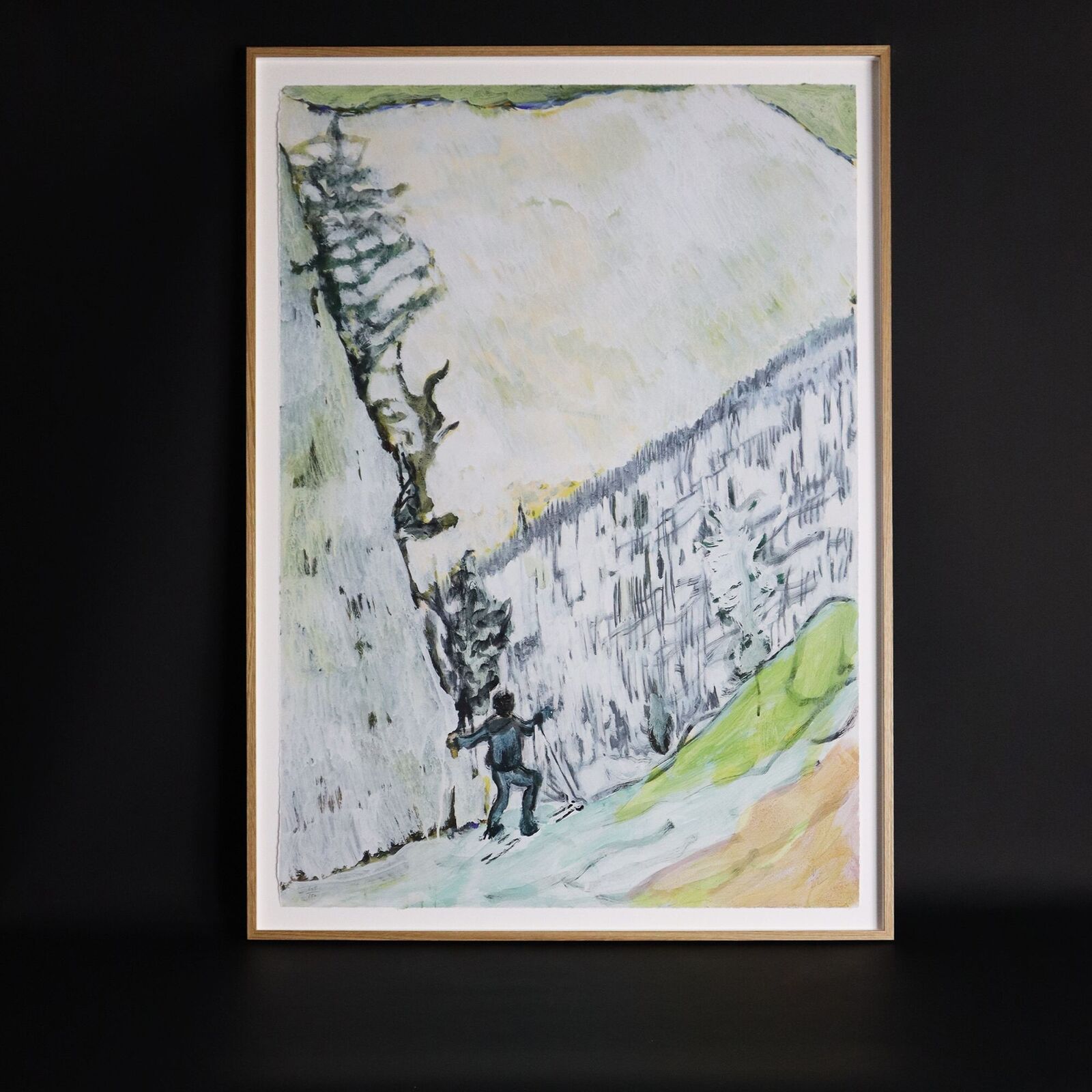 A painting of a person skiing down a snowy hill.