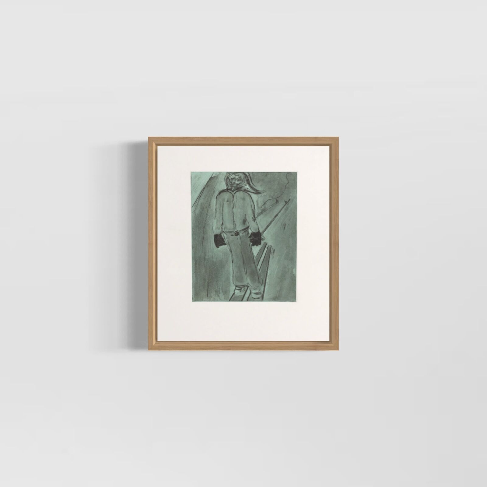 A drawing of a man standing in front of a white wall.