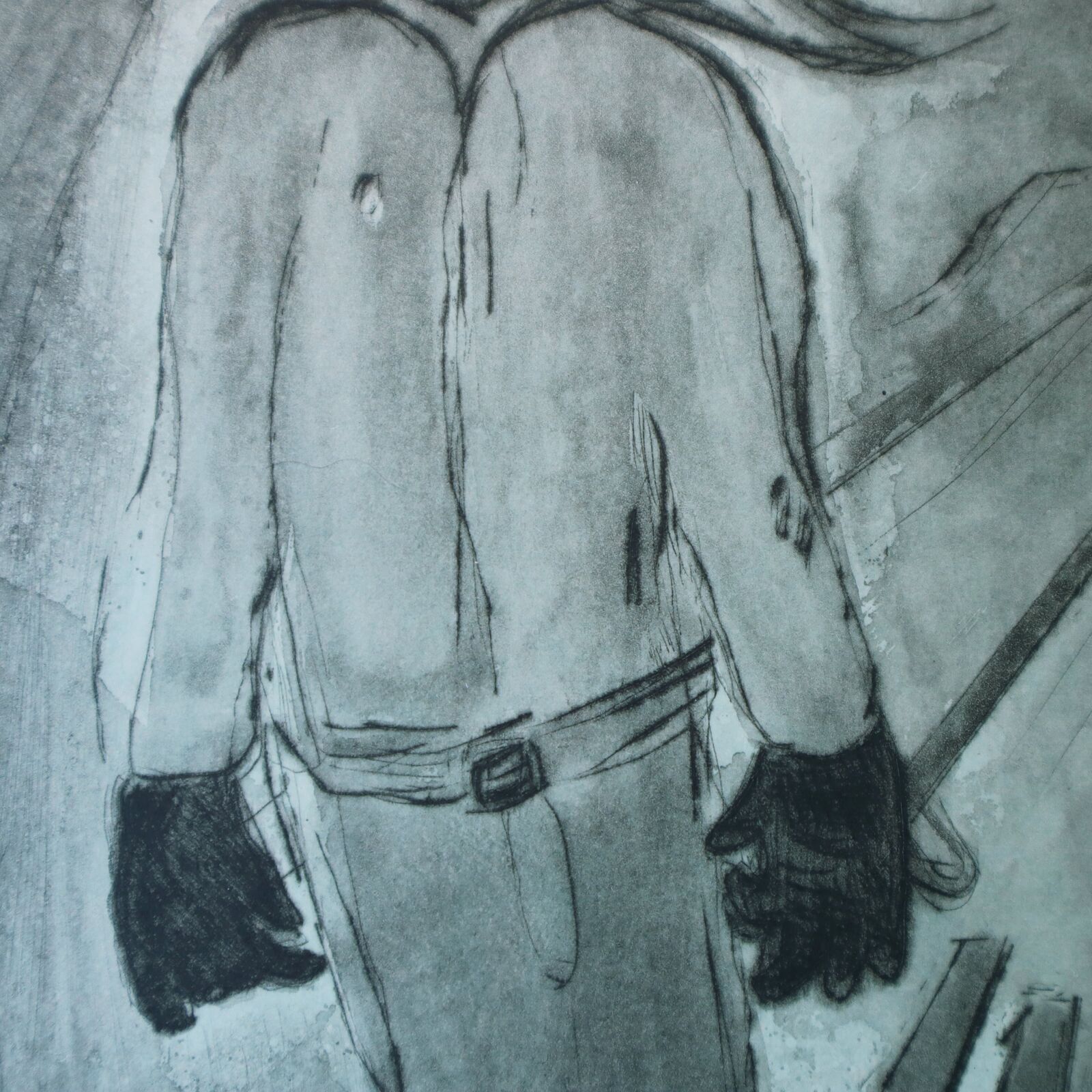 A drawing of a man standing in front of a white wall.