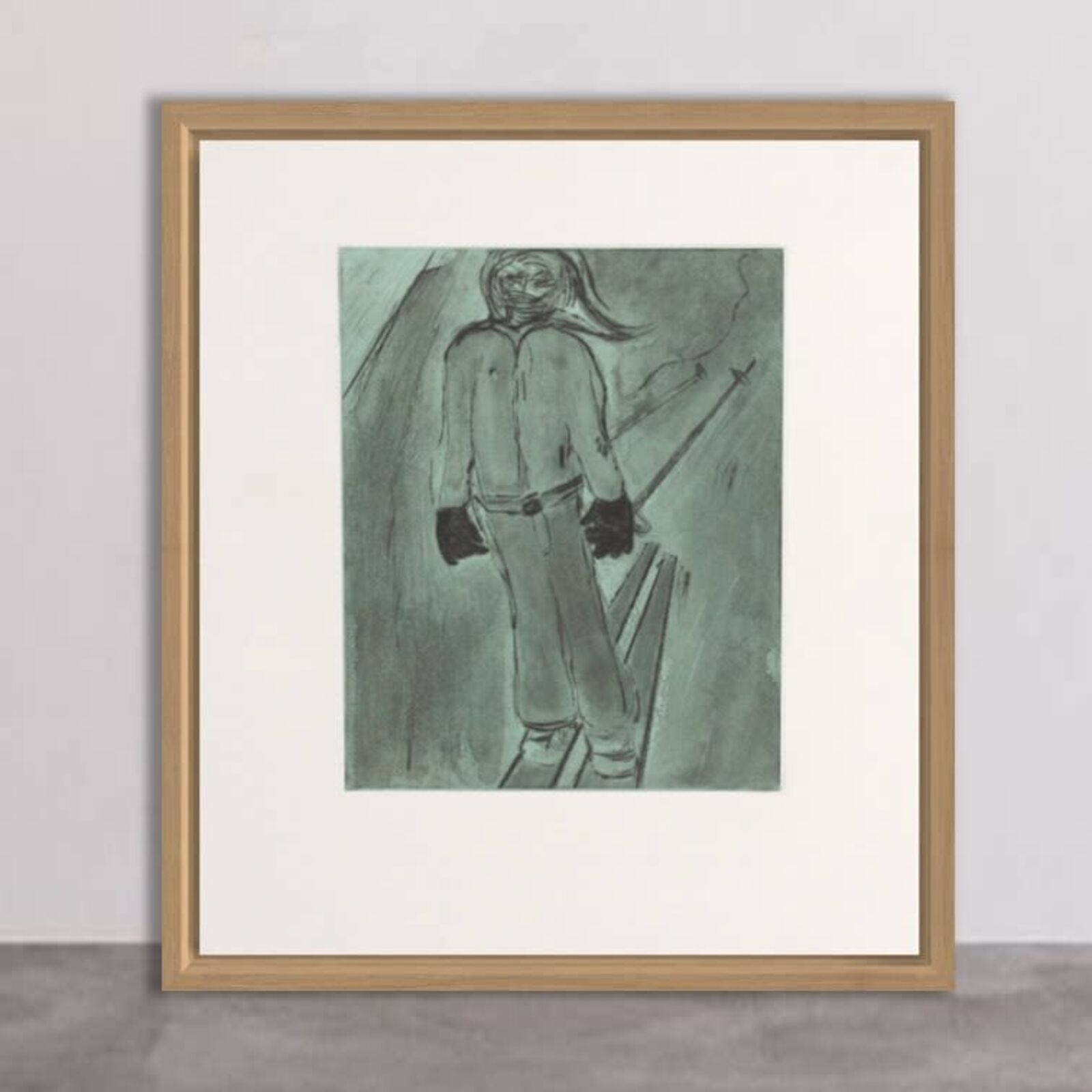 A drawing of a man standing in front of a white wall.