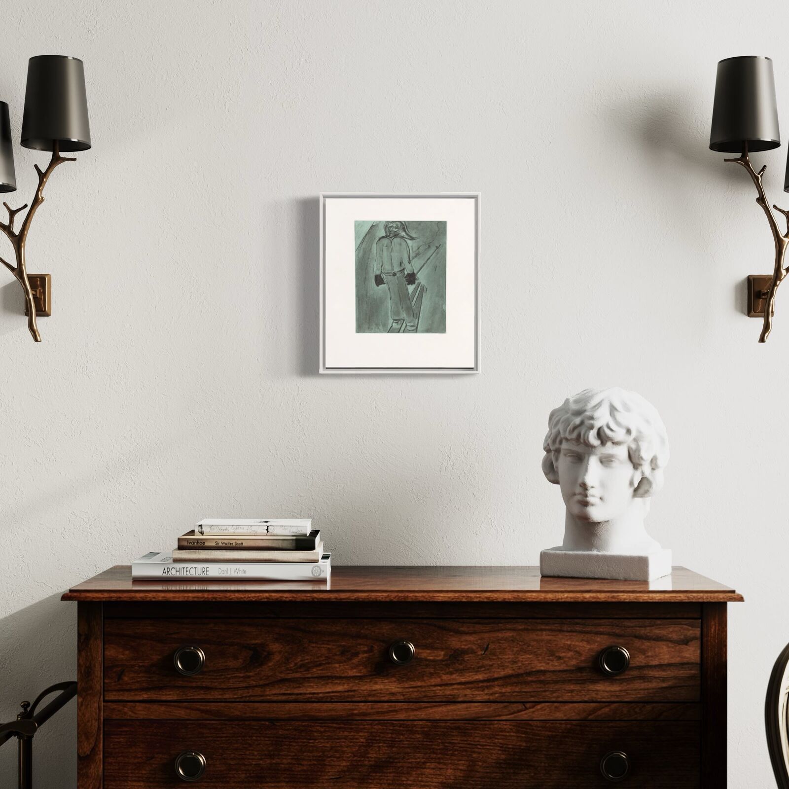 A drawing of a man standing in front of a white wall.