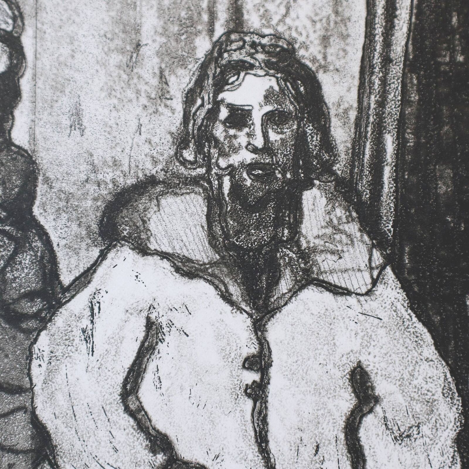 A black and white drawing of a man sitting on a bench.