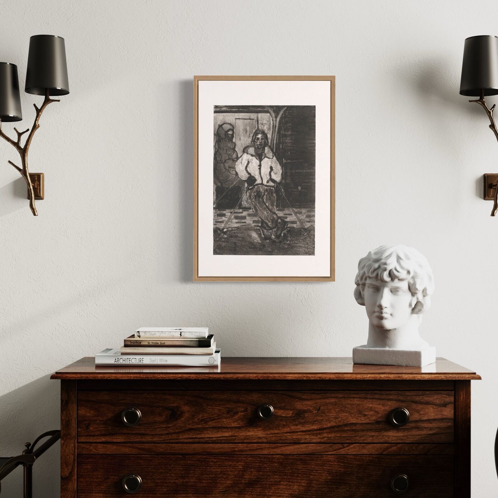 A black and white drawing of a man sitting on a bench.