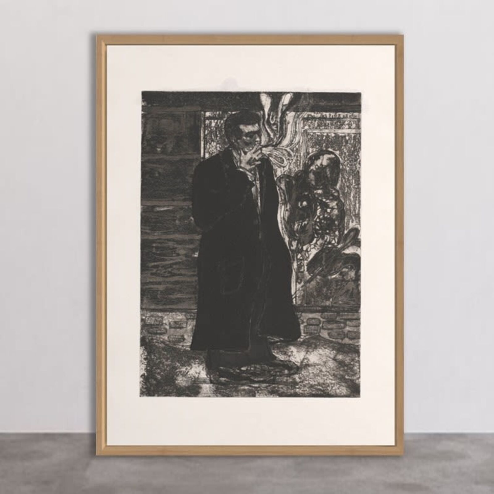 A black and white drawing of a man smoking a cigarette.