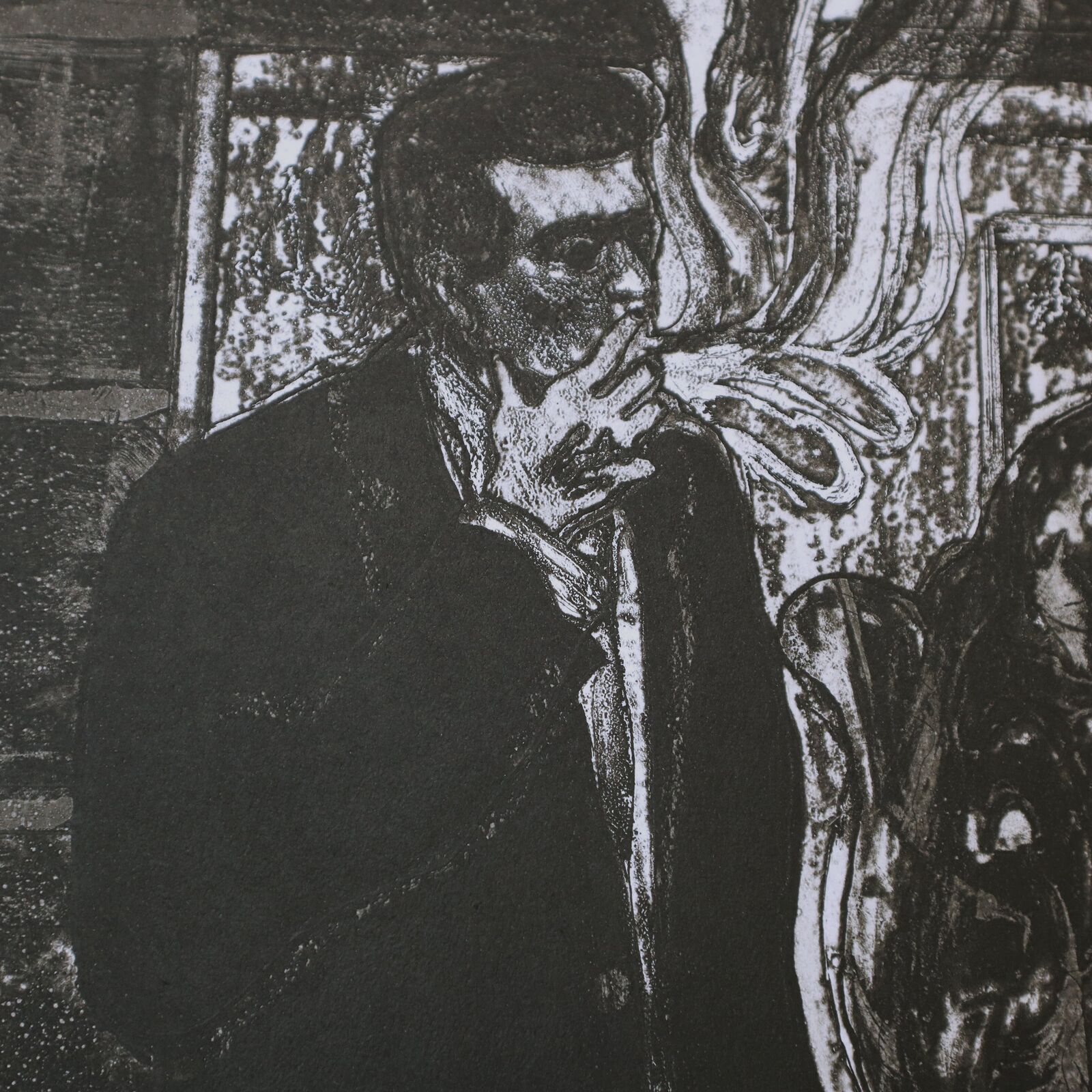 A black and white drawing of a man smoking a cigarette.