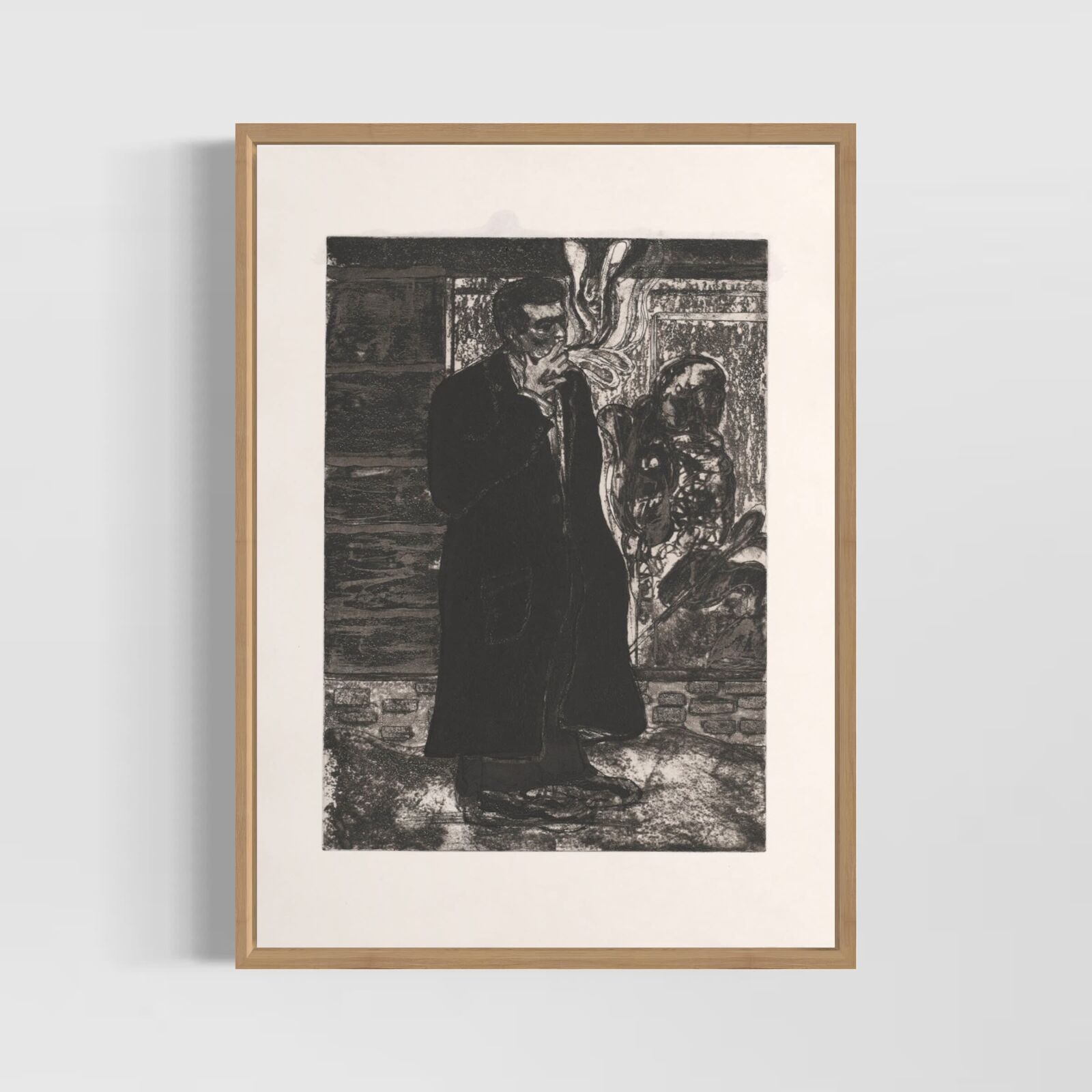 A black and white drawing of a man smoking a cigarette.