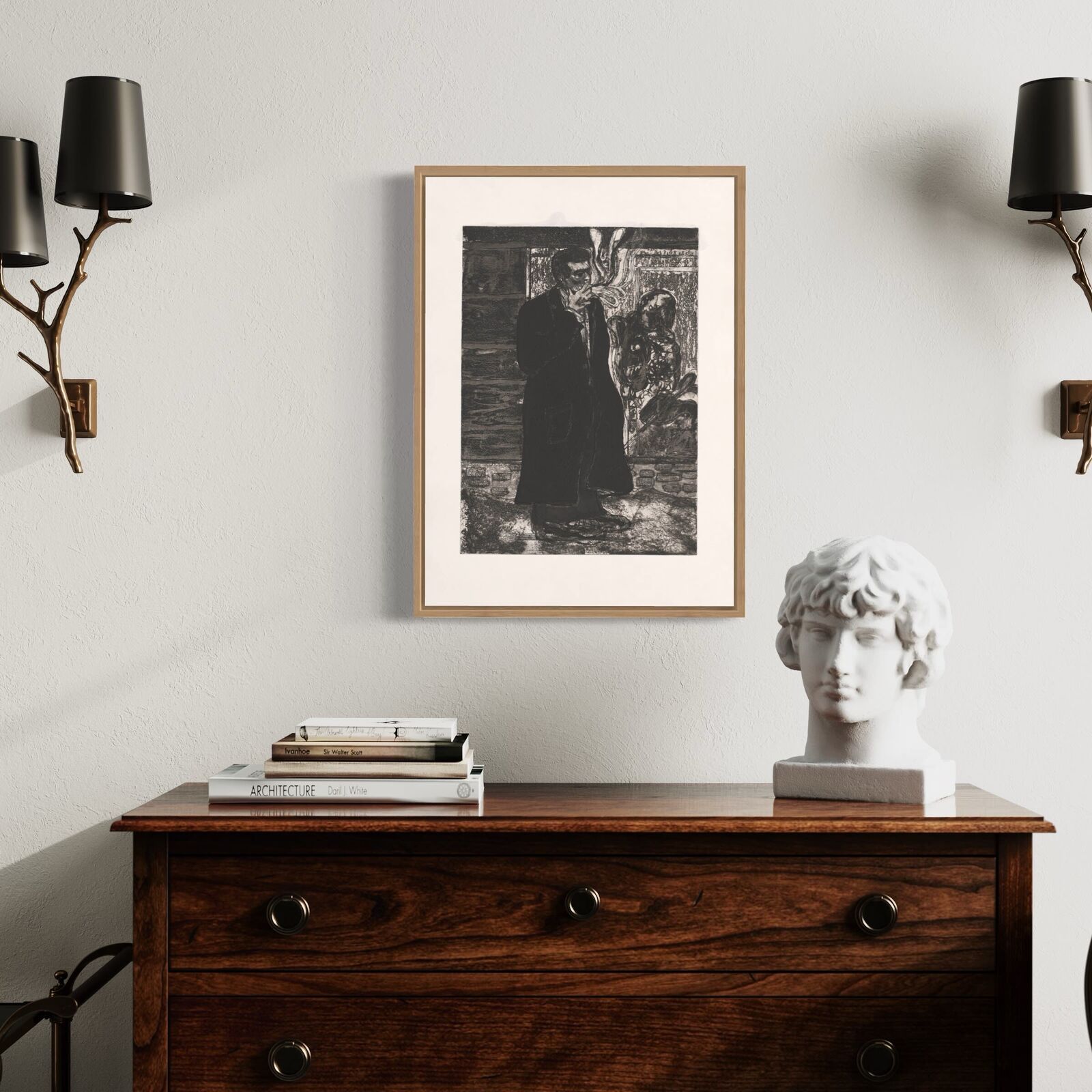 A black and white drawing of a man smoking a cigarette.