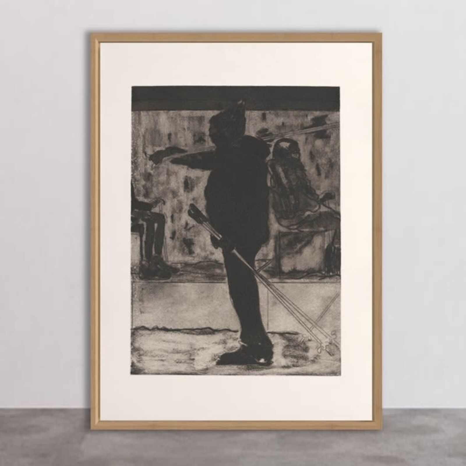 A black and white drawing of a man with a bow and arrow.