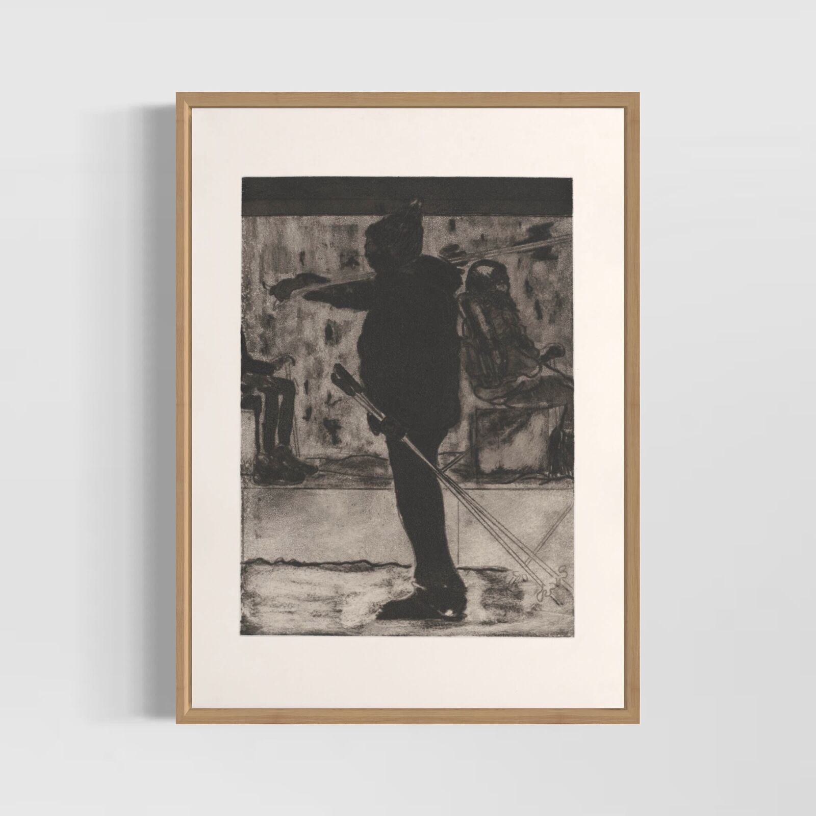 A black and white drawing of a man with a bow and arrow.