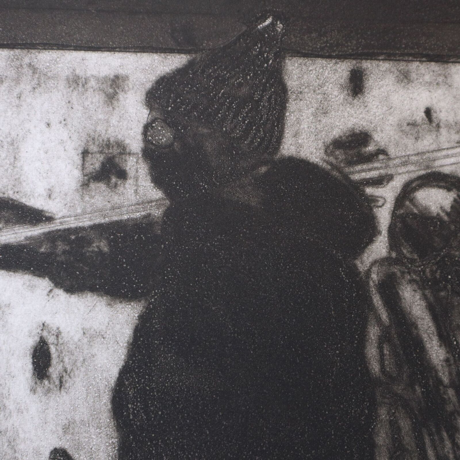 A black and white drawing of a man with a bow and arrow.