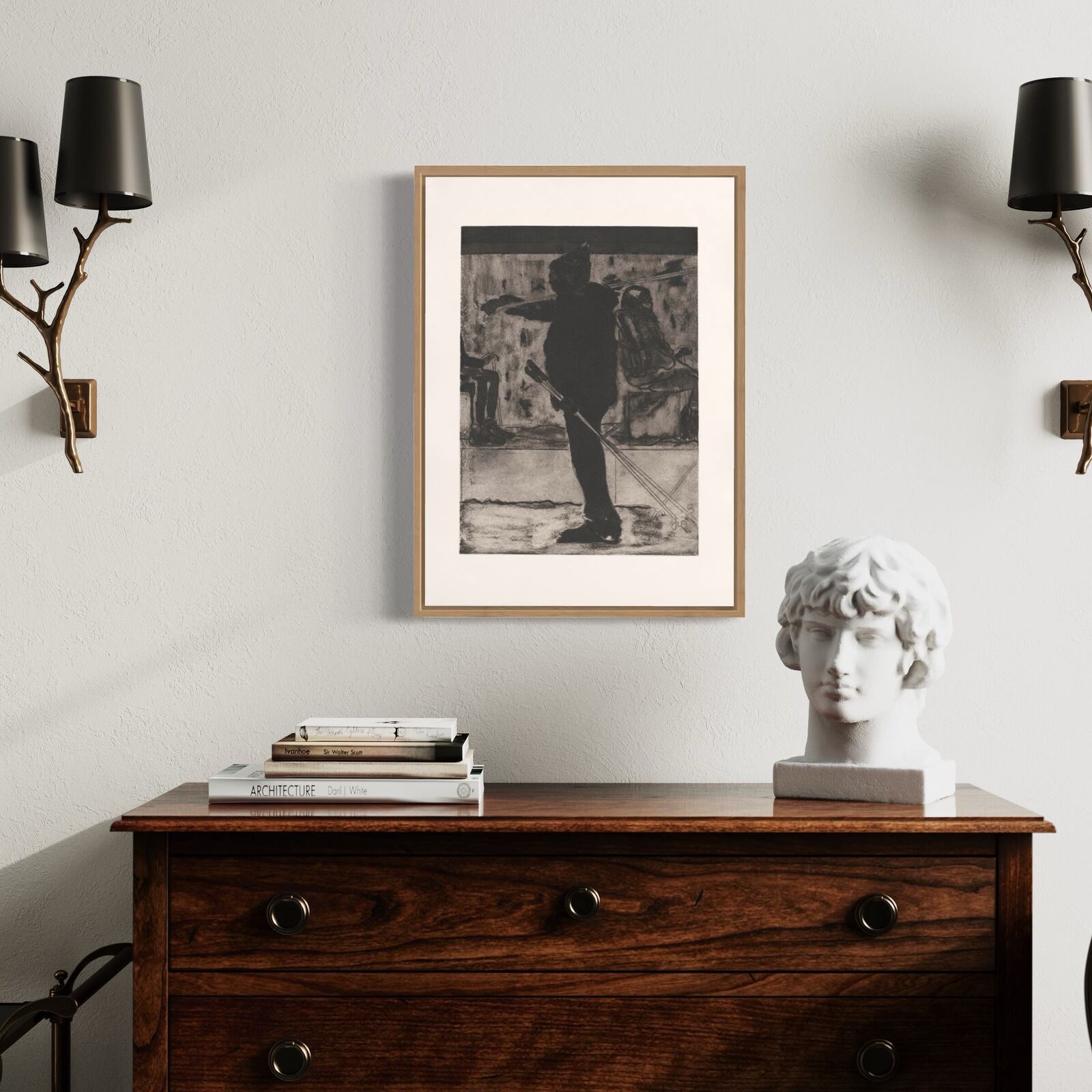 A black and white drawing of a man with a bow and arrow.