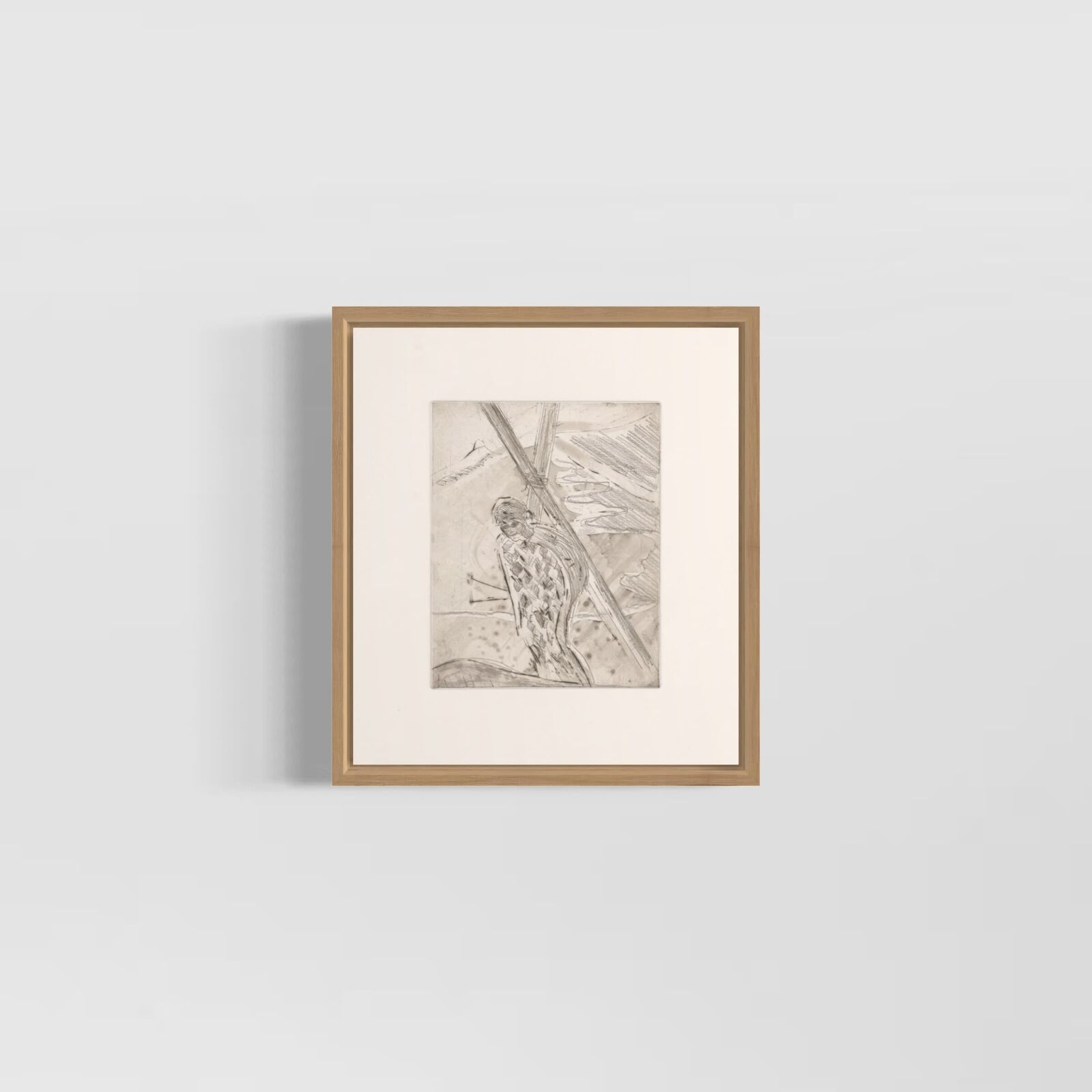 A monochromatic etching of a figure leaning against a diagonal structure.