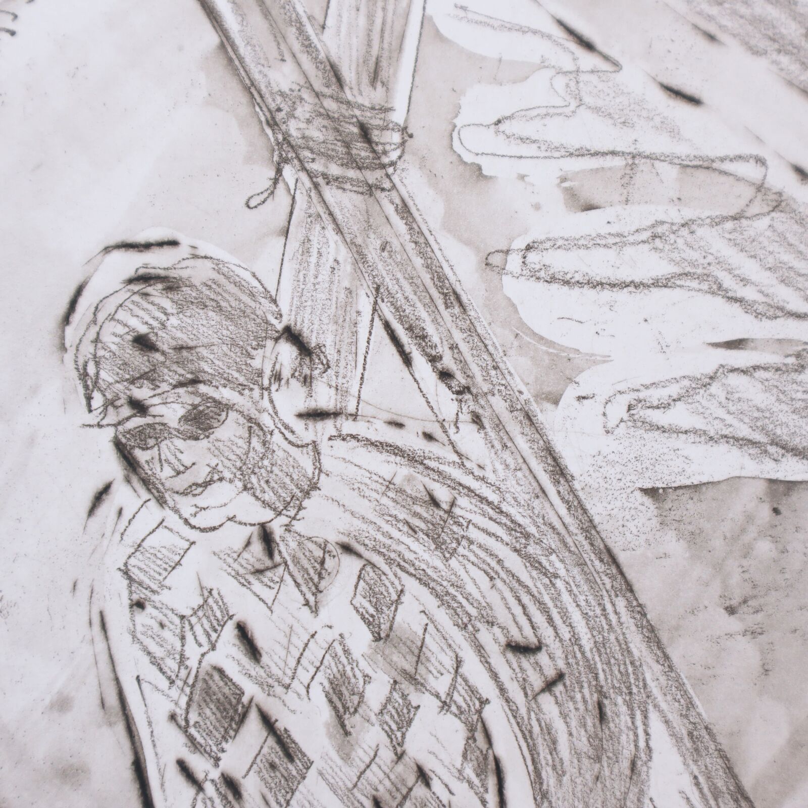 A monochromatic etching of a figure leaning against a diagonal structure.
