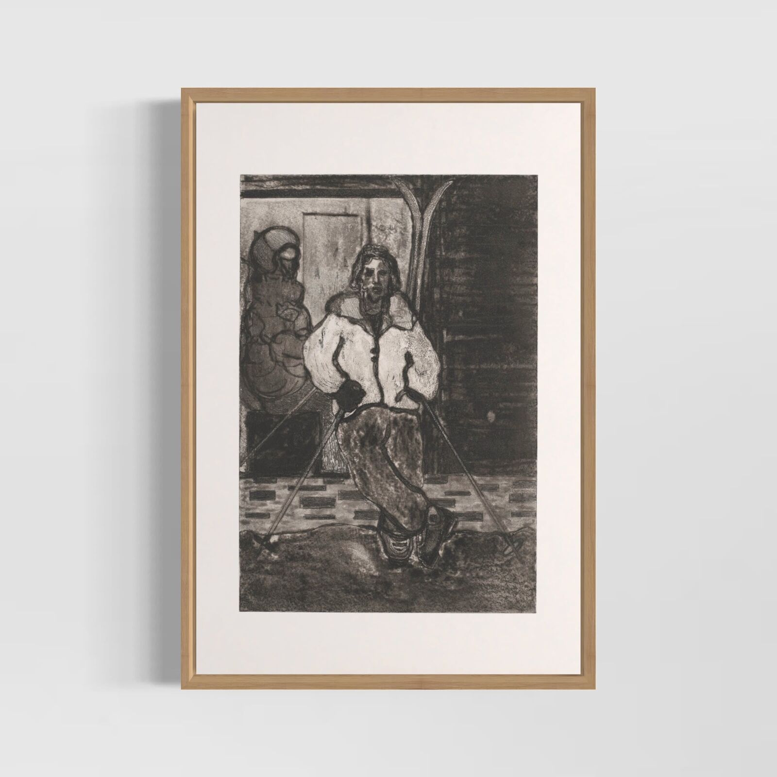 A monochromatic print of a skier in motion against a rustic background.