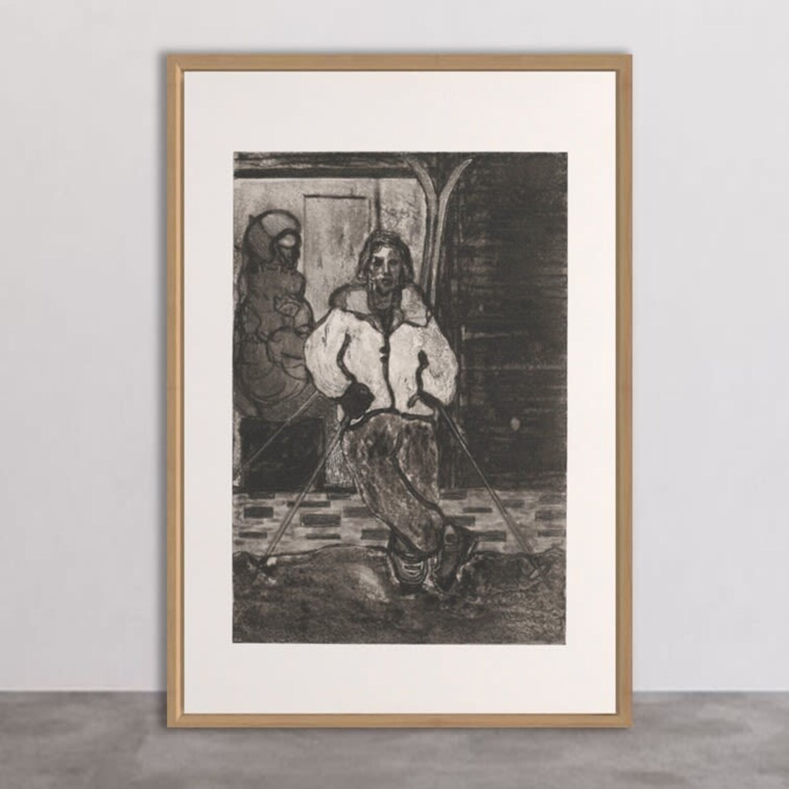 A monochromatic print of a skier in motion against a rustic background.