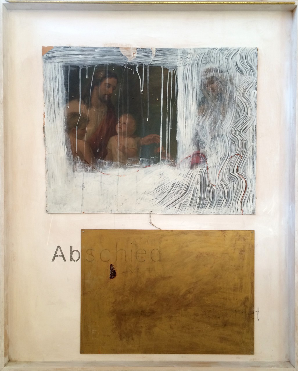 A framed artwork featuring a classical religious painting obscured by white drips and a separate textured bronze plate below.