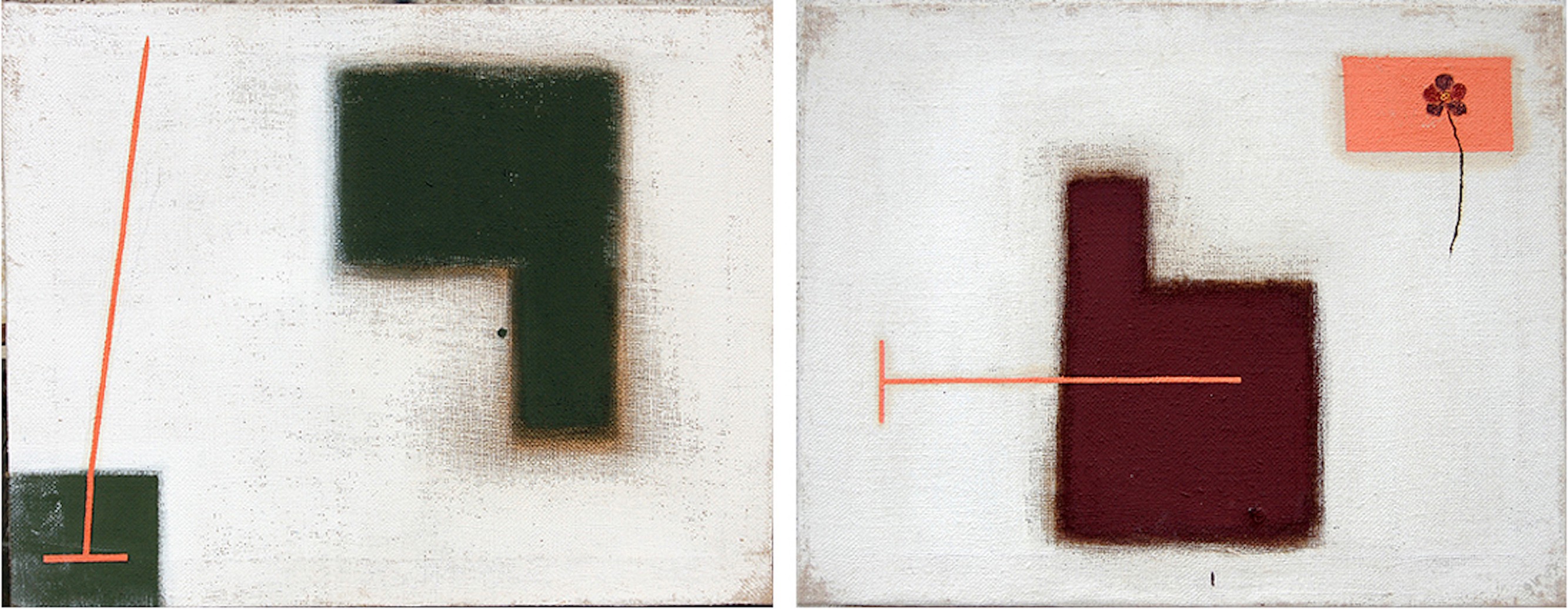 A diptych of abstract geometric compositions featuring L-shaped forms, thin lines, and a small flower motif.