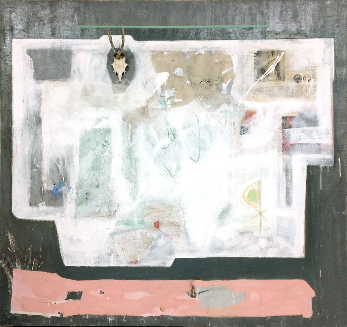 A layered mixed-media collage featuring a mounted skull, abstract shapes, and pastel tones.