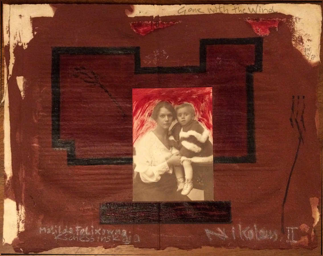 A collage-style artwork featuring a vintage photograph of two figures against a textured, abstract background.