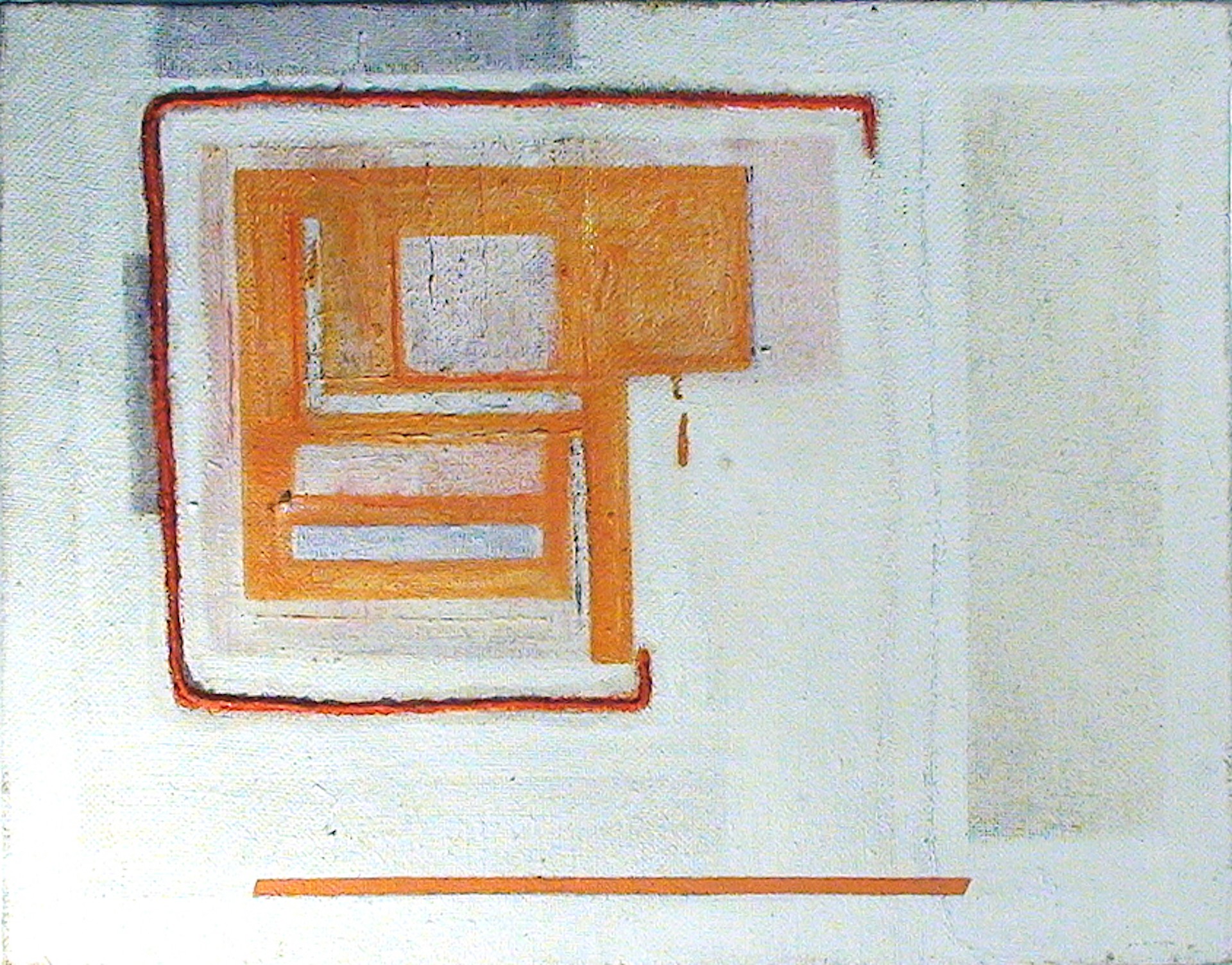 A geometric composition featuring a stylized chair-like form in warm orange tones against a textured white background.