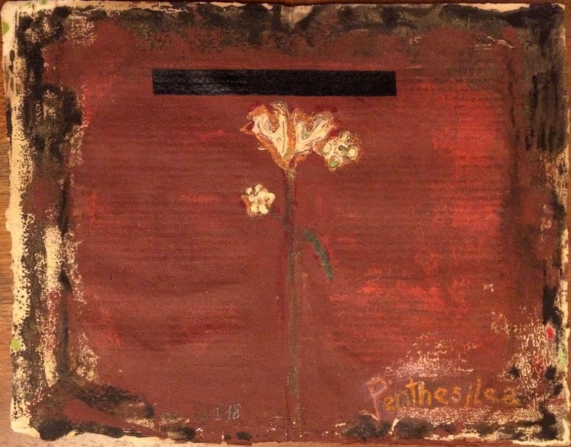 A textured floral composition on a reddish-brown background with a black bar and signature.