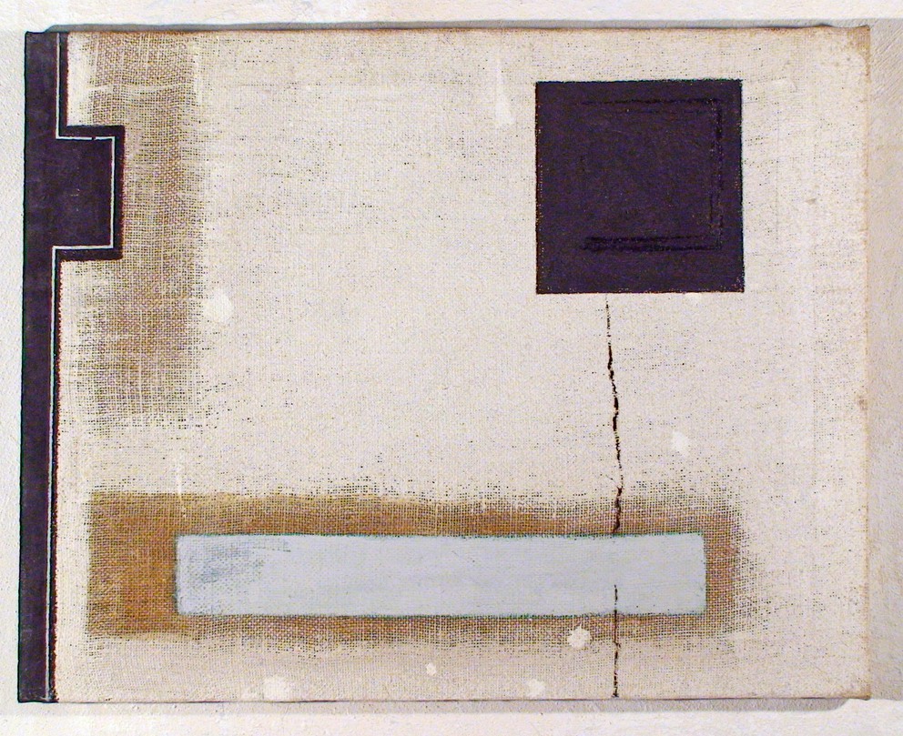 An abstract composition featuring geometric shapes on a textured canvas.